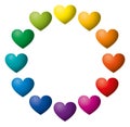 Twelve rainbow color hearts arranged in a circle