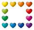 Twelve rainbow color hearts in rectangle shape