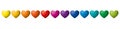 Twelve rainbow colored hearts in a row