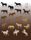 Twelve silhouettes of standing horses set in brown colors