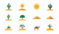 Twelve simple, flat-colored desert icons cacti, suns, dunes, tr Royalty Free Stock Photo