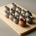 Twelve small ceramic pots are arranged on a wooden board. The pots are mostly light gray with a Royalty Free Stock Photo