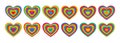 Twelve throbbing rainbow hearts. Decorative elements set. Vector illustration isolated on white.