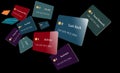 Twelve types of credit cards. All are blue with EMV chip and a tap to pay icon.