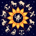 Twelve Zodiac signs around the Sun and Ophiuchus Royalty Free Stock Photo