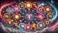 Twelve zodiac signs shining in cosmic cloudscape with celestial elements Royalty Free Stock Photo