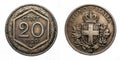 Twenty 20 cents Lire Silver Coin 1920 Exagon Crown Savoy Shield Vittorio Emanuele III Kingdom of Italy