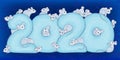 Twenty cute mice among snowy numbers on a blue winter background.