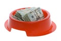 Twenty Dollar Bills in Red Dog Food Bowl Royalty Free Stock Photo