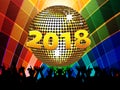 Twenty Eighteenth 2018 disco ball and crowd on multicoloured background