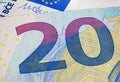 Twenty Euro banknote fragment macro. Closeup photo of a part of the new twenty euro note. Money of the European Union. Europe Royalty Free Stock Photo