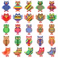 Twenty five amusing colorful owls Royalty Free Stock Photo