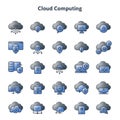 Twenty-five cloud computing icons are displayed, each featuring a grey cloud with Royalty Free Stock Photo