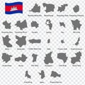 Twenty five Maps Regions of Cambodia - alphabetical order with name. Every single map of Region are listed and isolated with wor