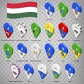 Twenty flags the Regions of Hungary - alphabetical order with name. Set of 3d geolocation signs like flags Regions of Hungary.