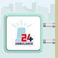 Twenty four available medical help. Ambulance flasher siren. Citylight conception.