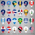 Twenty four Flags of American countries - alphabetical order with name.  Set of 2d geolocation signs like national flags of North Royalty Free Stock Photo