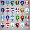 Twenty four Flags of American countries - alphabetical order with name.  Set of 2d geolocation signs like national flags of North Royalty Free Stock Photo