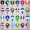 Twenty four Flags of American countries - alphabetical order with name.  Set of 2d geolocation signs like national flags of North Royalty Free Stock Photo