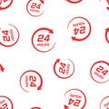 Twenty four hour clock icon seamless pattern background. Business concept vector illustration. 24/7 service time symbol pattern. Royalty Free Stock Photo