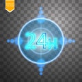 Twenty four seven concept open all days.Illustration of Vector Neon Sign. Open 24 Hours Glowing Neon Frame on Royalty Free Stock Photo