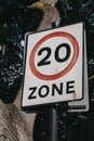 Twenty miles per hour speed limit zone sign in Brixton, London, UK Royalty Free Stock Photo