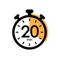 twenty minutes stopwatch icon, timer symbol, cooking time, cosmetic or chemical application time, 20 min waiting time