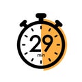 twenty nine minutes stopwatch icon, timer symbol, cooking time, application time, 29 min waiting time vector
