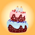 Twenty nine years birthday cake with candles number 29. Cute cartoon festive vector image. Chocolate biscuit with berries,