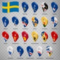 Twenty one flags the Counties of Sweden - alphabetical order with name. Set of 3d geolocation signs like flags Counties of Swed