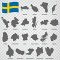 Twenty one Maps Regions of Sweden - alphabetical order with name. Every single map of Province are listed and isolated with wordin