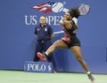 Twenty one times Grand Slam champion Serena Williams in action during her quarterfinal match against Venus Williams at US