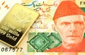 A twenty rupee bill from Pakistan with a gold bar in macro