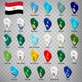 Twenty seven flags the States of Egypt -  alphabetical order with name.  Set of 3d geolocation signs like flags States of Egypt. T Royalty Free Stock Photo