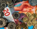 Twenty Swiss francs and coins are on the table Royalty Free Stock Photo