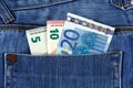 Twenty, Ten and Five Euro Bank Banknote in the pocket of jeans. European Union. Background, texture Royalty Free Stock Photo