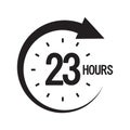 Twenty three hours. Black circular arrow. Timer countdown icon. Vector clock design.