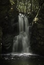 Beautiful waterfall located in a dark, rocky grotto in the Unaka Mountain Wilderness. Royalty Free Stock Photo