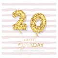 Twenty years old birthday card template. Balloon gold glitter numbers. Vector