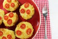 Twice baked potatoes with cheese and tomatoes on a red plate Royalty Free Stock Photo
