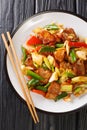 Twice cooked pork or double cooked pork is a Chinese dish include pork and stir-fried vegetables closeup in the plate. Vertical