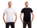 Twice man in blank white and black tshirt from front side on white background