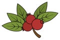 Twig with red berries and green leaves in cartoon style. Sweet pulp. Lingonberries, cranberries Royalty Free Stock Photo