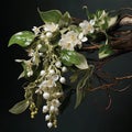 a twig of white mistletoe on a black background