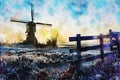 Twight light sunrise on the Unesco heritage windmill watercolor