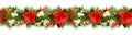 Twigs of Christmas tree, poinsettia flower, berries and holiday decorations in seamless garland Royalty Free Stock Photo