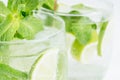 Twigs green mint in mojito with slices lime, ice cubes, straw, macro, texture, blur. Royalty Free Stock Photo