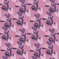 Twigs with hearts seamless floral pattern. Light violet background. Purple flowers. Simple doodle backdrop Royalty Free Stock Photo