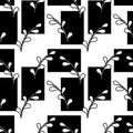 Twigs with leaves and black squares. Graphics. Seamless pattern for fabric and other surfaces