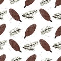 Seamless pattern with cartoon fir-cones, twigs, decoration elements. Forest, flat Scandinavian style. Royalty Free Stock Photo